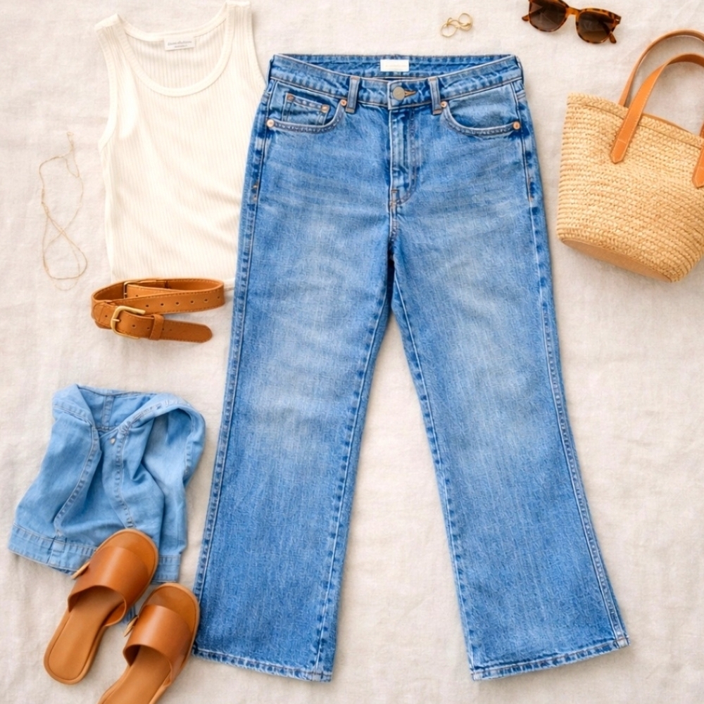OAT New York High Rise Cropped Kick Flare Jeans Size 31 Medium Wash Denim